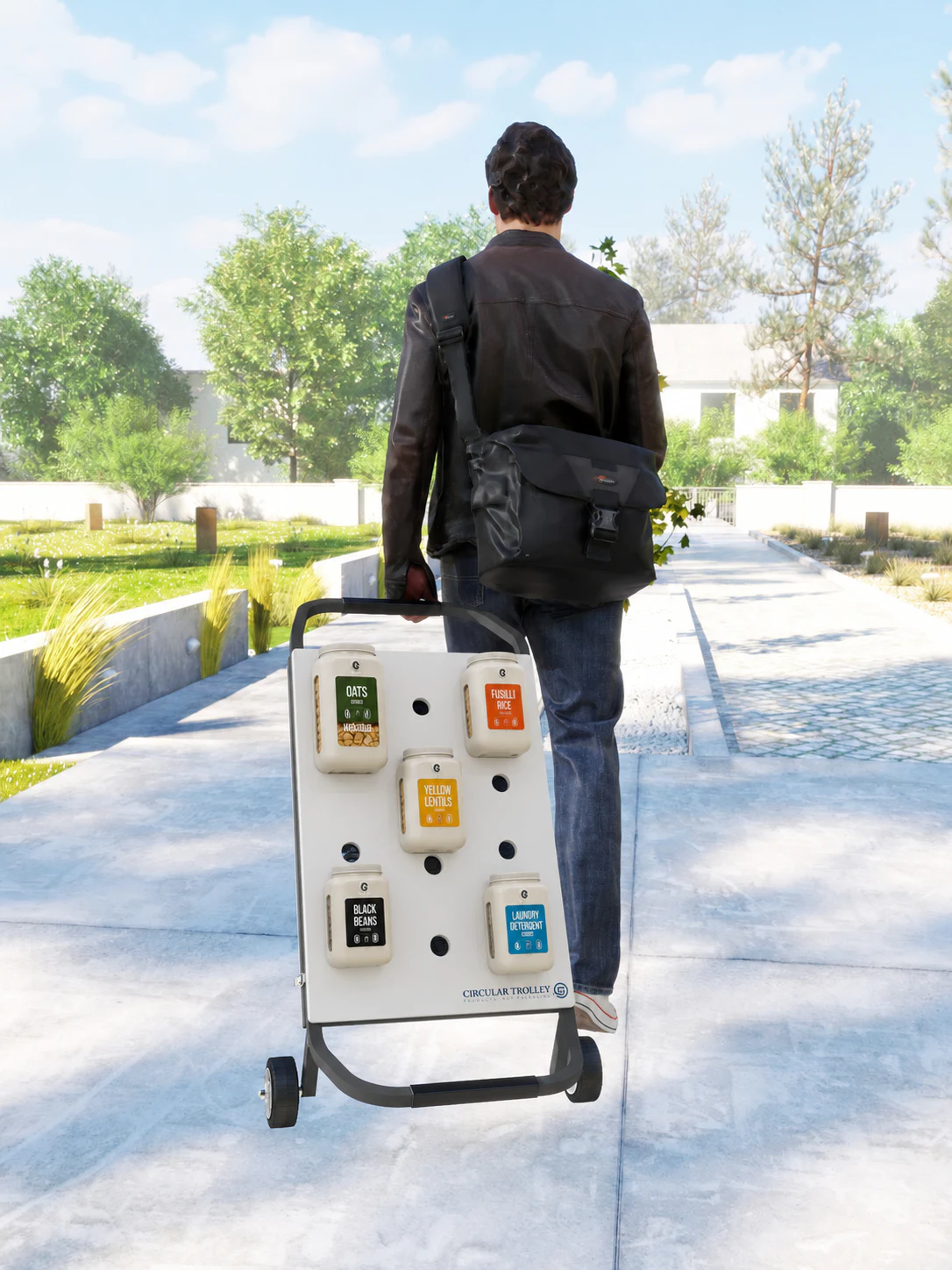 Customer walking with the Circular Trolley in a green neighbourhood